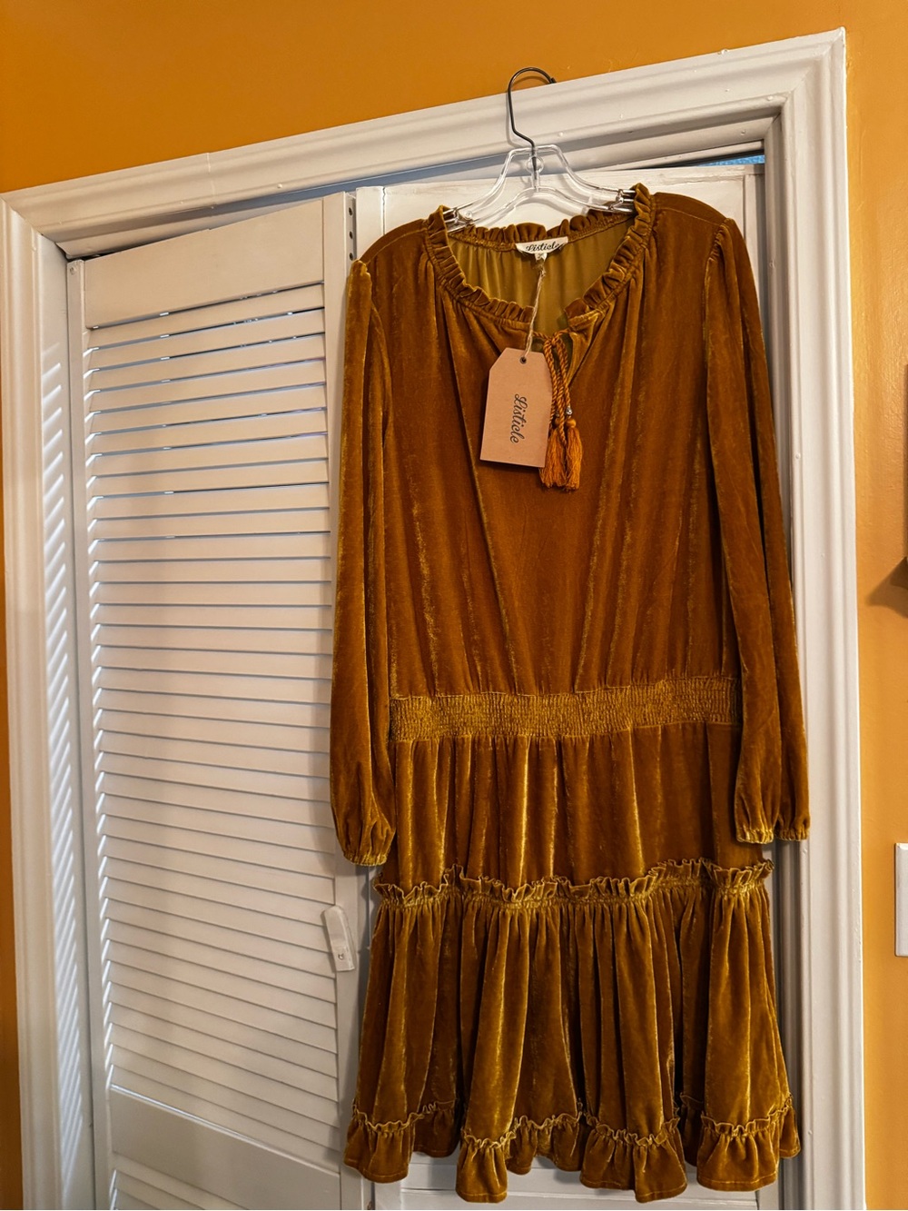 Listicle Velvet Tassel Tiered Mini Dress - Mustard Gold L
